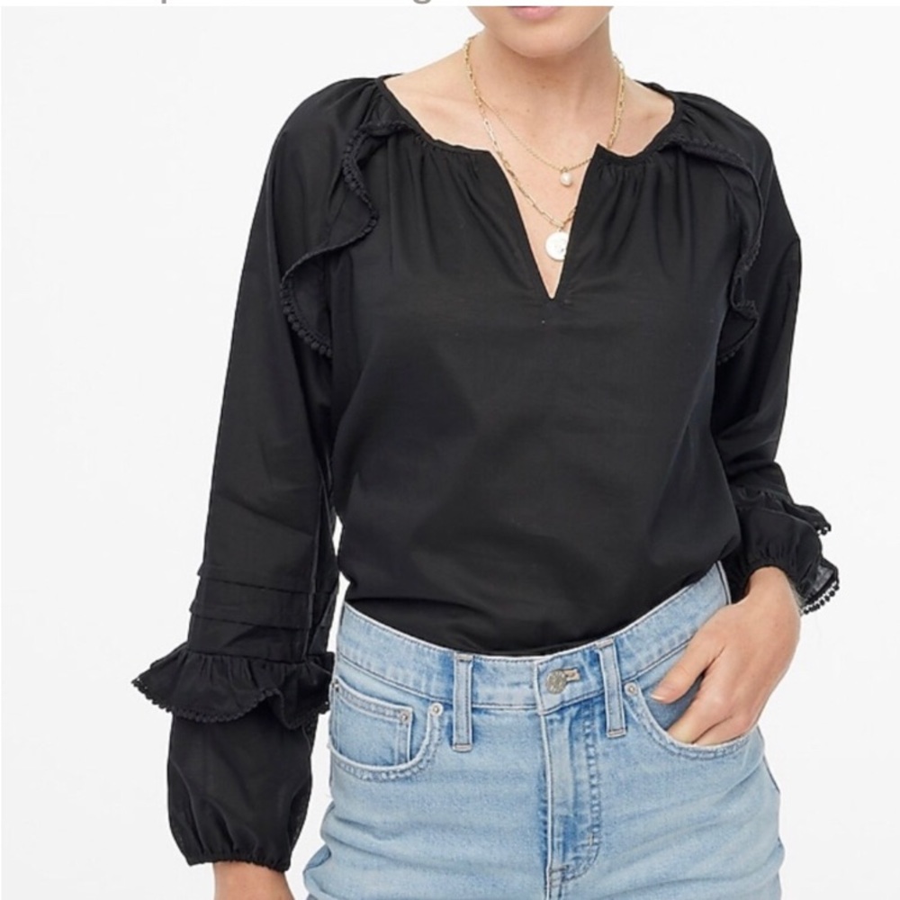 New J. Crew Black Ruffle-trim peasant top, Cotton Boho Black Top Ruffle Festival